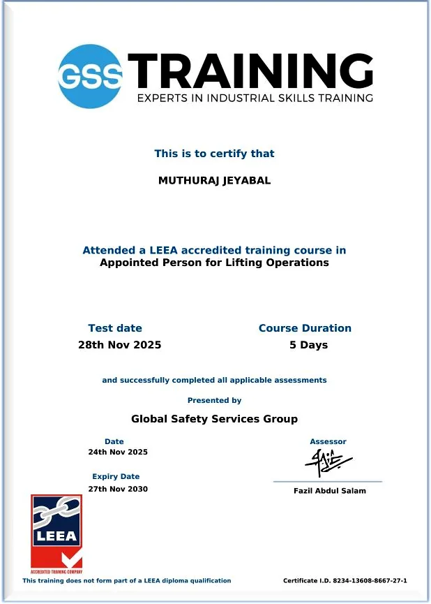 LEEA Appointed Person for Lifting Operations certificate issued to Muthuraj Jeyabal, certificate number 8234-13608-8667-27-1